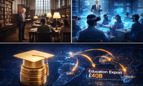 SamacharToday.co.in - ब्रिटेन की नई शिक्षा निर्यात रणनीति वैश्विक स्तर पर 'एजुकेशन हब' बनाने पर जोर - AI Generate Image