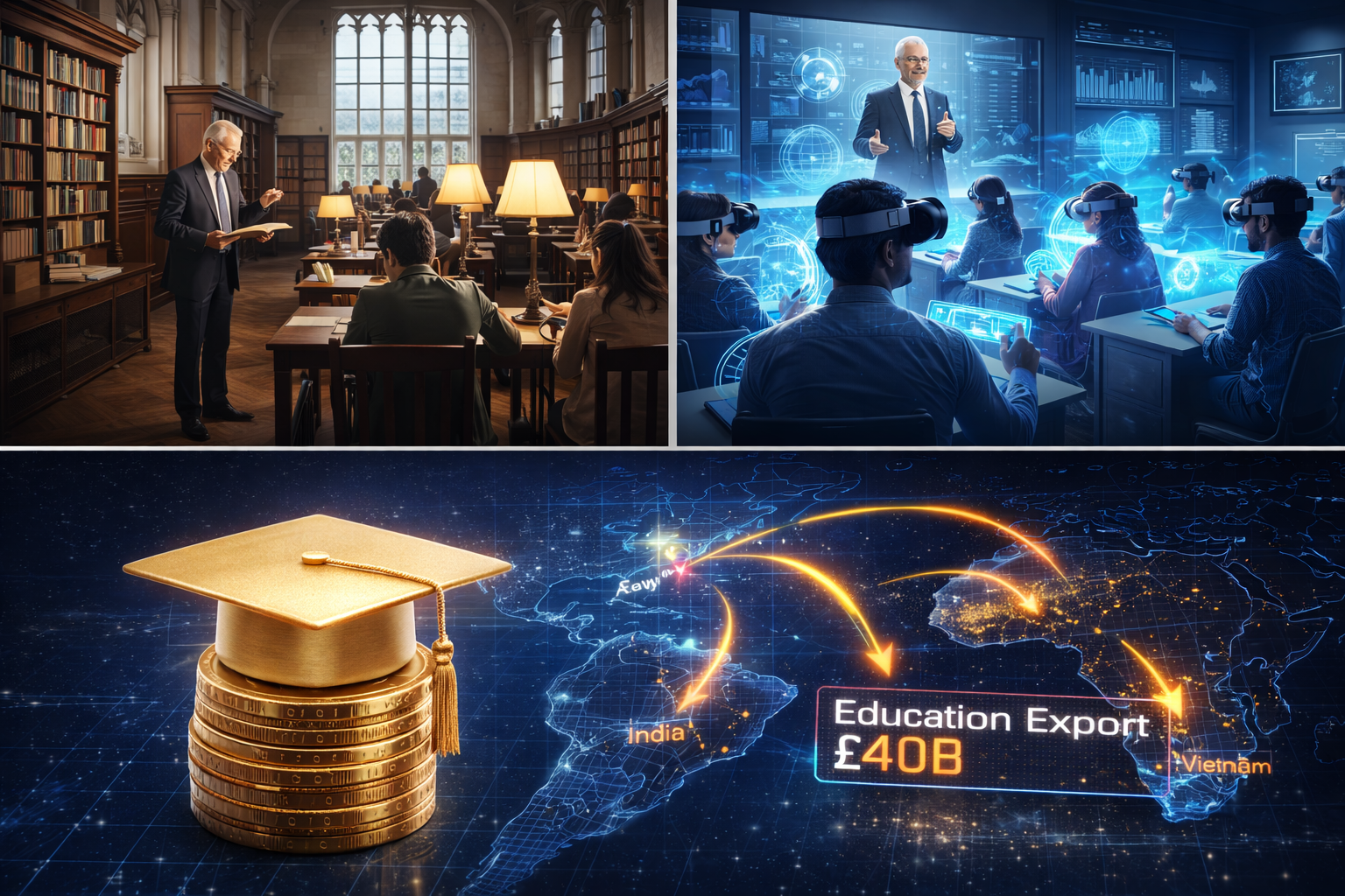 SamacharToday.co.in - ब्रिटेन की नई शिक्षा निर्यात रणनीति वैश्विक स्तर पर 'एजुकेशन हब' बनाने पर जोर - AI Generate Image