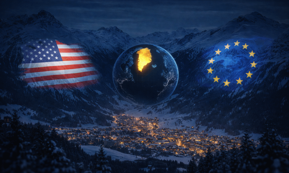 SamacharToday.co.in - ट्रम्प और ग्रीनलैंड विवाद तकनीकी खराबी और कूटनीतिक तनाव के बीच दावोस शिखर सम्मेलन - AI Generated Image