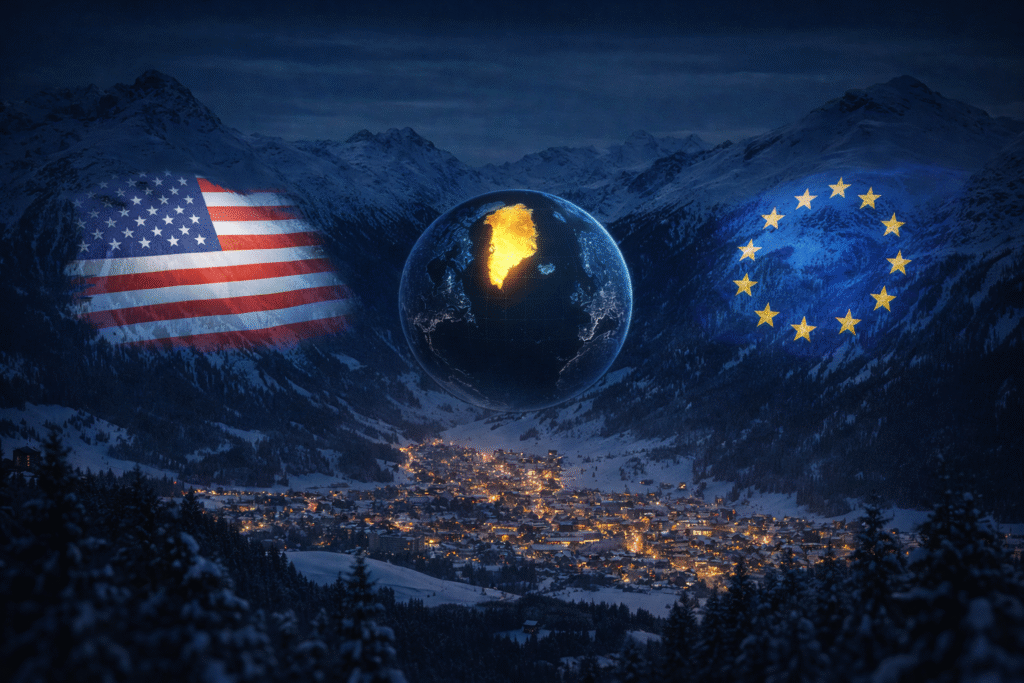 SamacharToday.co.in - ट्रम्प और ग्रीनलैंड विवाद तकनीकी खराबी और कूटनीतिक तनाव के बीच दावोस शिखर सम्मेलन - AI Generated Image