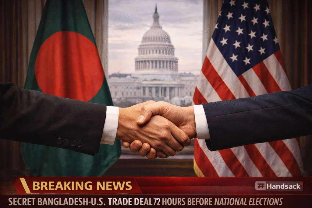 SamacharToday.co.in - ढाका का गुप्त अमेरिकी समझौता भारत की व्यापारिक जीत पर रणनीतिक पलटवार - AI Generated Image
