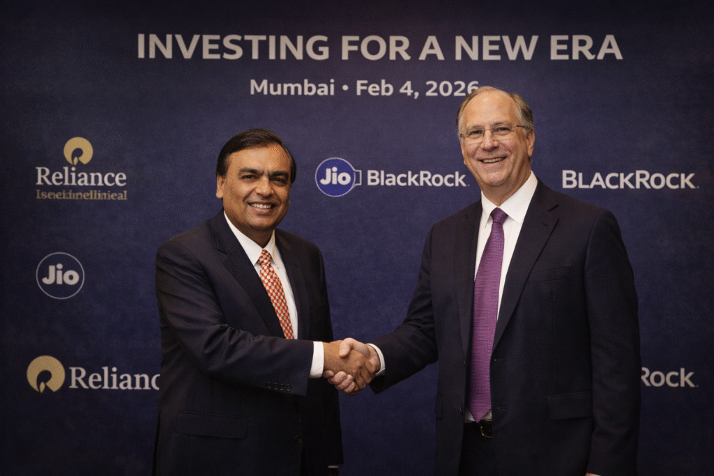 SamacharToday.co.in - पाँच मिनट की कार यात्रा अंबानी और फिंक का $300 मिलियन का महा-समझौता - AI Generated Image