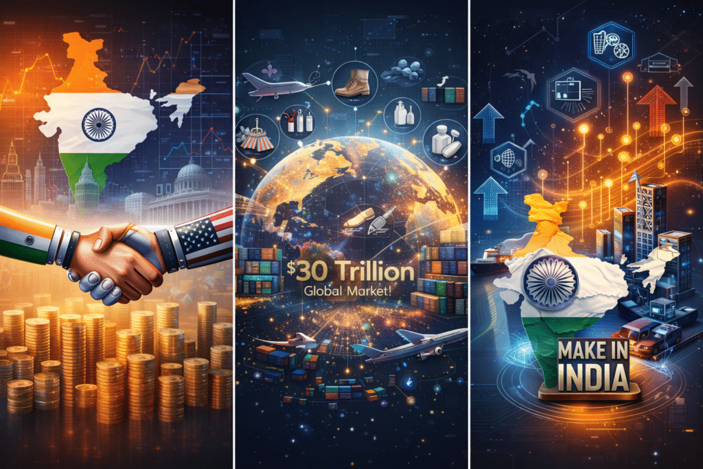 SamacharToday.co.in - भारत-अमेरिका व्यापार समझौता 'मेक इन इंडिया' और रोजगार के लिए रणनीतिक छलांग - AI Generated Image