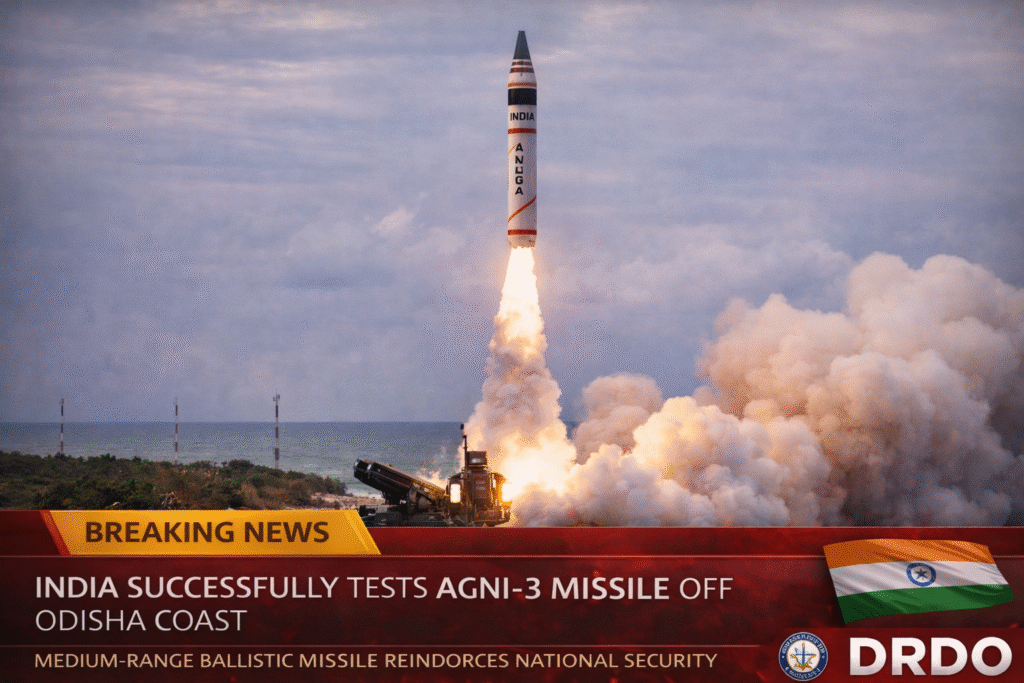 SamacharToday.co.in - भारत ने मध्यम दूरी की बैलिस्टिक मिसाइल अग्नि-3 का सफल परीक्षण किया - AI Generated Image