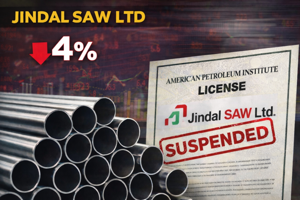 SamacharToday.co.in - API लाइसेंस निलंबन के बाद जिंदल सॉ के शेयरों में गिरावट - AI Generated Image