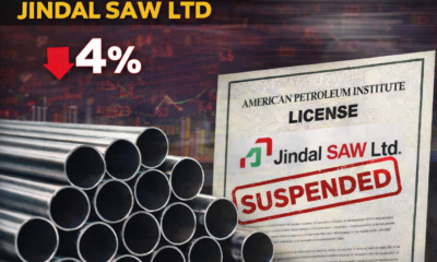 SamacharToday.co.in - API लाइसेंस निलंबन के बाद जिंदल सॉ के शेयरों में गिरावट - AI Generated Image