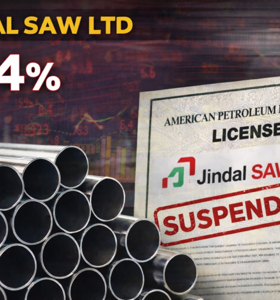 SamacharToday.co.in - API लाइसेंस निलंबन के बाद जिंदल सॉ के शेयरों में गिरावट - AI Generated Image