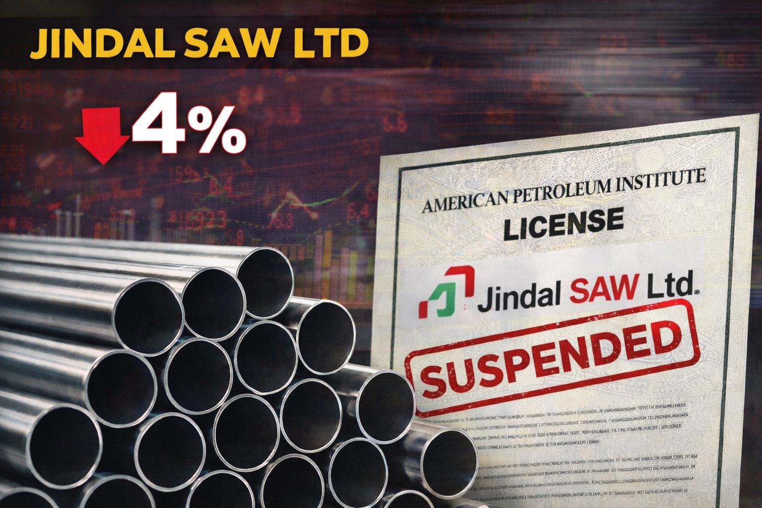 SamacharToday.co.in - API लाइसेंस निलंबन के बाद जिंदल सॉ के शेयरों में गिरावट - AI Generated Image