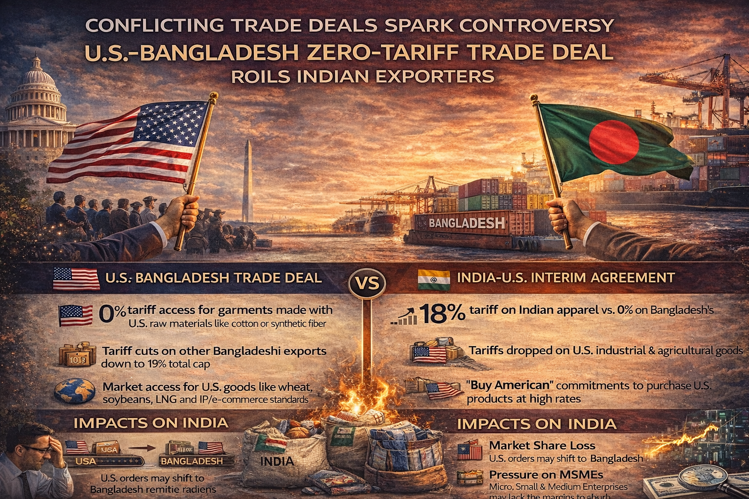 SamacharToday.co.in - अमेरिका की दोहरी नीति बांग्लादेश को राहत, भारतीय निर्यातकों पर भारी बोझ - AI Generated Image