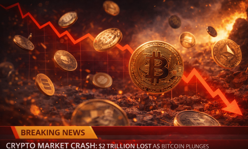 SamacharToday.co.in - क्रिप्टो बाजार में कोहराम $2 ट्रिलियन स्वाहा, बिटकॉइन आधा हुआ - AI Generated Image