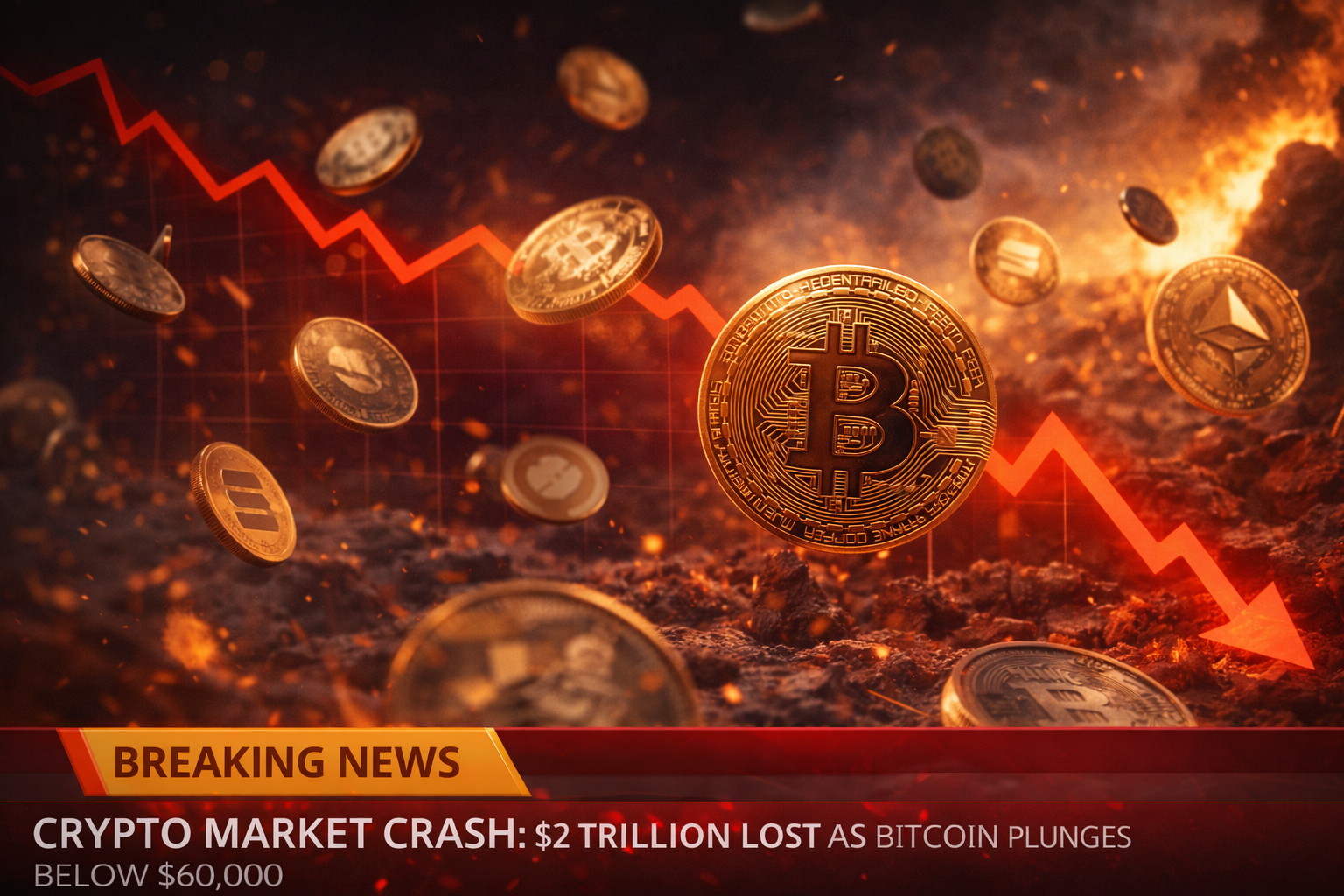 SamacharToday.co.in - क्रिप्टो बाजार में कोहराम $2 ट्रिलियन स्वाहा, बिटकॉइन आधा हुआ - AI Generated Image