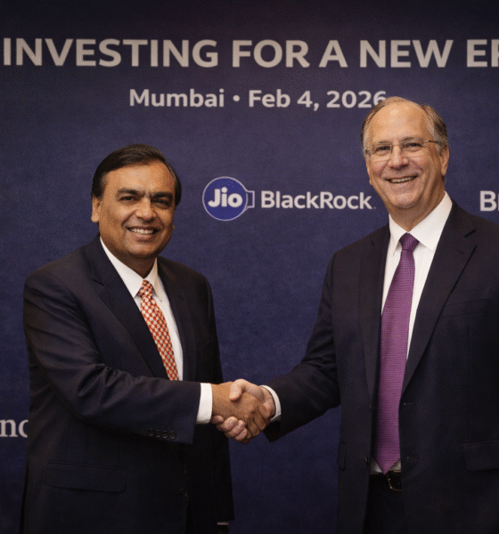 SamacharToday.co.in - पाँच मिनट की कार यात्रा अंबानी और फिंक का $300 मिलियन का महा-समझौता - AI Generated Image