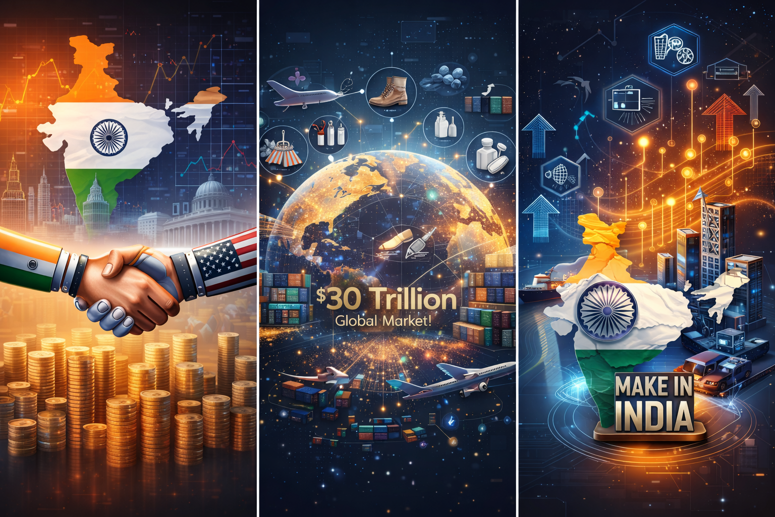 SamacharToday.co.in - भारत-अमेरिका व्यापार समझौता 'मेक इन इंडिया' और रोजगार के लिए रणनीतिक छलांग - AI Generated Image