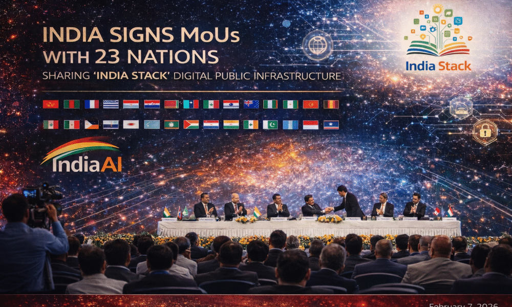 SamacharToday.co.in - भारत की डिजिटल क्रांति का वैश्विक विस्तार 23 देशों ने अपनाया 'इंडिया स्टैक' - AI Generated Image