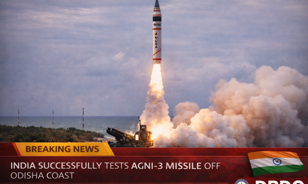 SamacharToday.co.in - भारत ने मध्यम दूरी की बैलिस्टिक मिसाइल अग्नि-3 का सफल परीक्षण किया - AI Generated Image