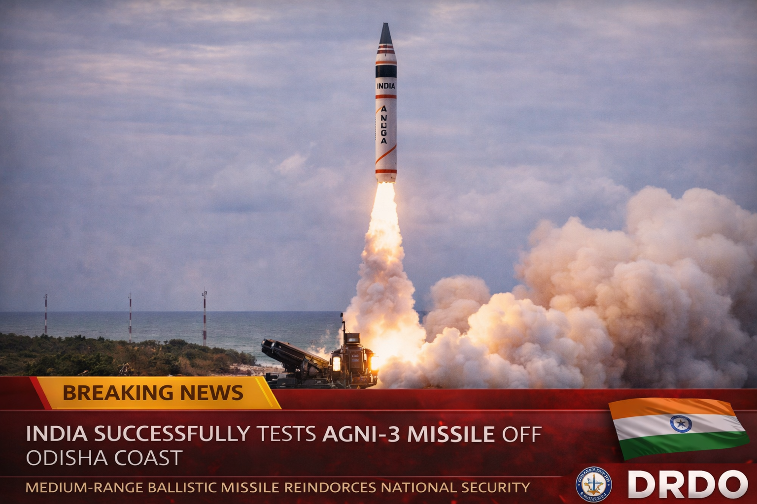 SamacharToday.co.in - भारत ने मध्यम दूरी की बैलिस्टिक मिसाइल अग्नि-3 का सफल परीक्षण किया - AI Generated Image