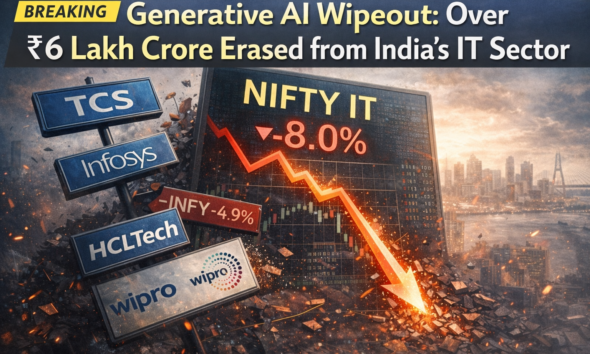 SamacharToday.co.in - ₹6 लाख करोड़ की बिकवाली से परे भारतीय आईटी क्षेत्र का 'ग्रेट एआई रीइन्वेंशन' - AI Generated Image