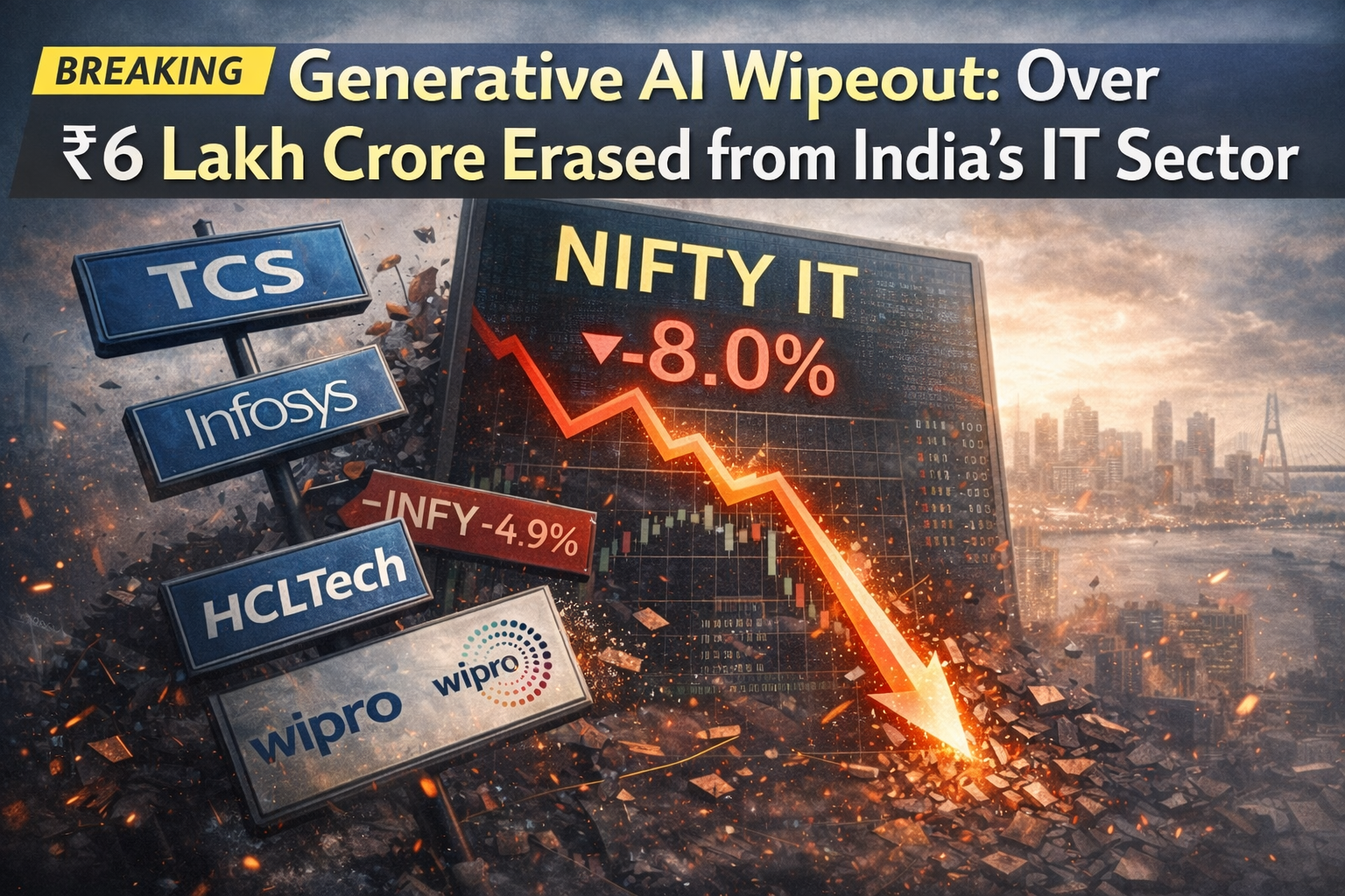 SamacharToday.co.in - ₹6 लाख करोड़ की बिकवाली से परे भारतीय आईटी क्षेत्र का 'ग्रेट एआई रीइन्वेंशन' - AI Generated Image