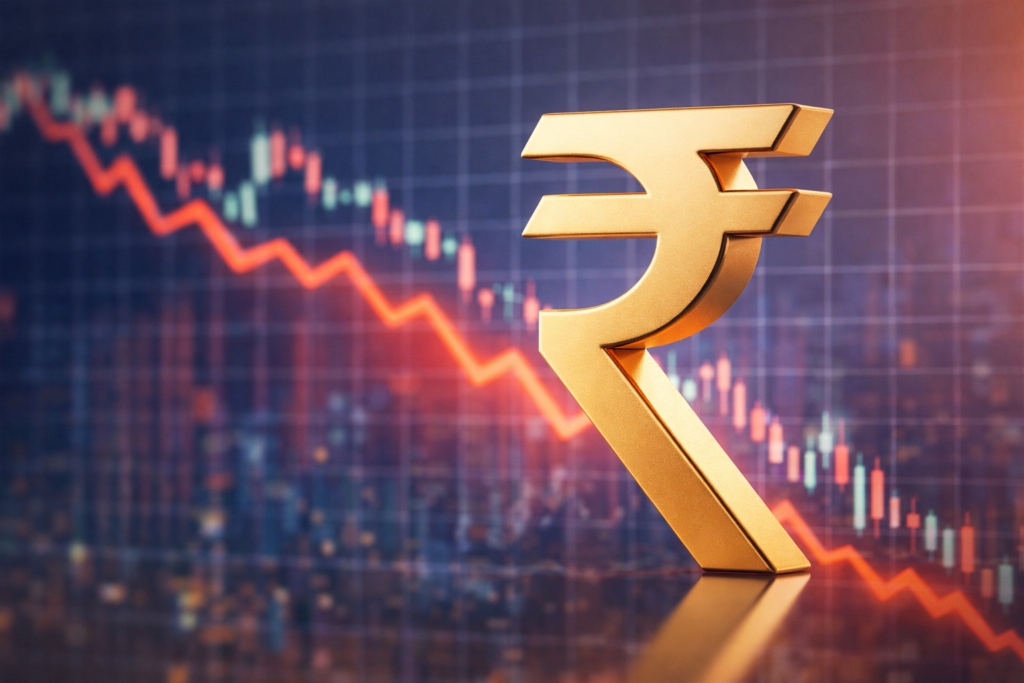 SamacharToday.co.in - वैश्विक संघर्ष के बीच रुपया रिकॉर्ड निचले स्तर पर - AI Generated Image