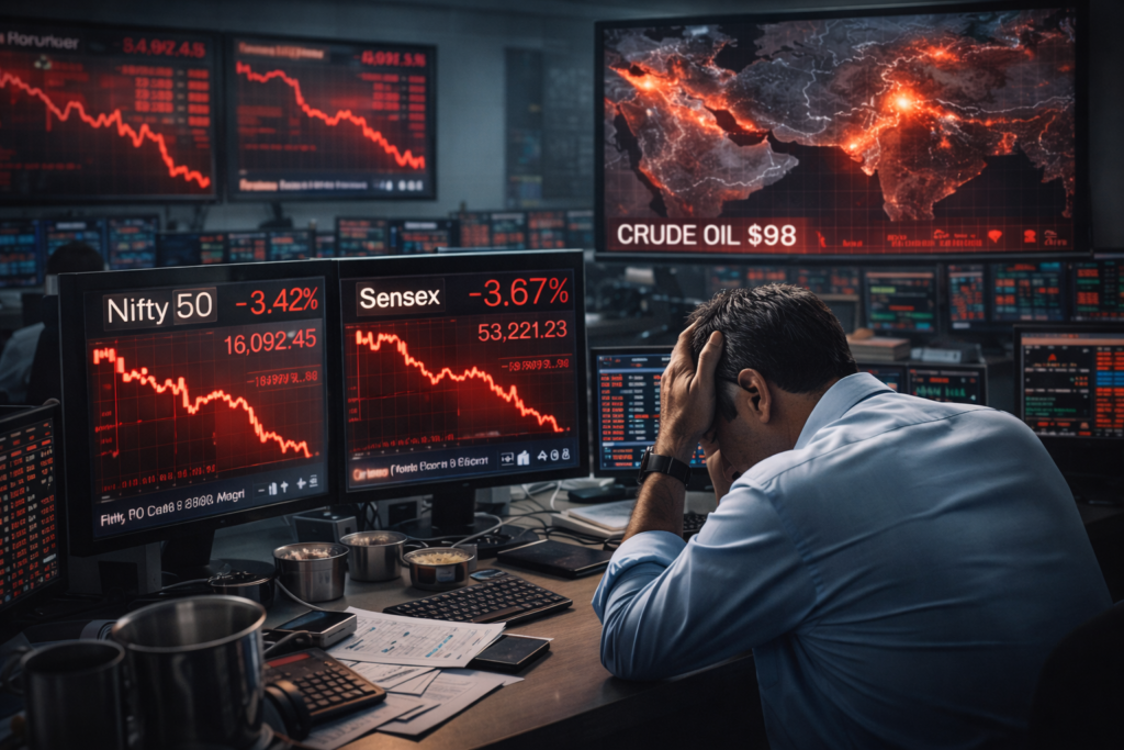 samacharToday.co.in - वैश्विक भू-राजनीतिक उथल-पुथल के बीच दलाल स्ट्रीट धराशायी - AI Generated Image