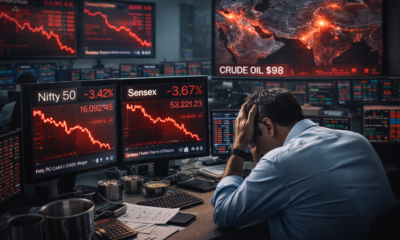 samacharToday.co.in - वैश्विक भू-राजनीतिक उथल-पुथल के बीच दलाल स्ट्रीट धराशायी - AI Generated Image