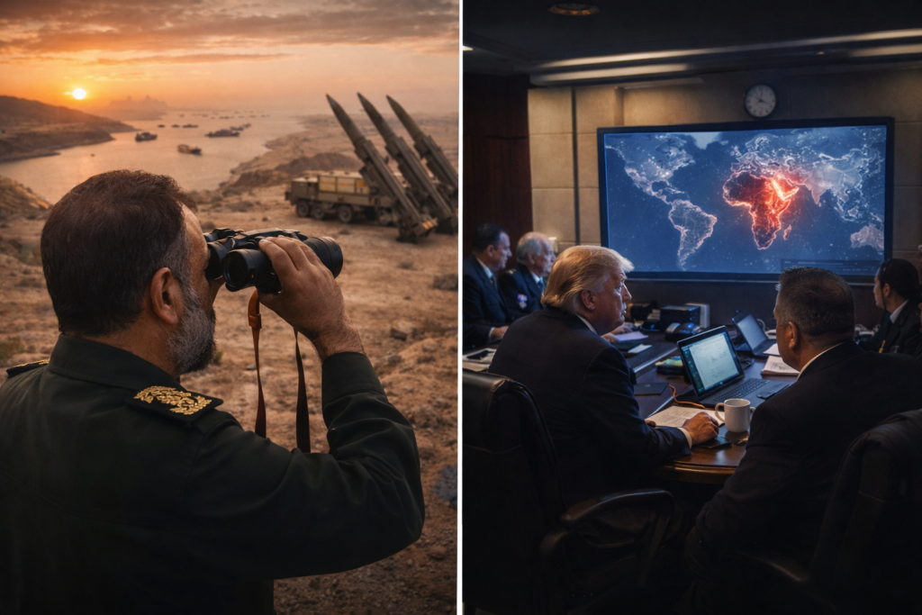 SamacharToday.co.in - हॉर्मुज पर महासंग्राम ट्रंप की चेतावनी के बाद ईरान का 'नया खाड़ी आदेश' - AI Generated Image