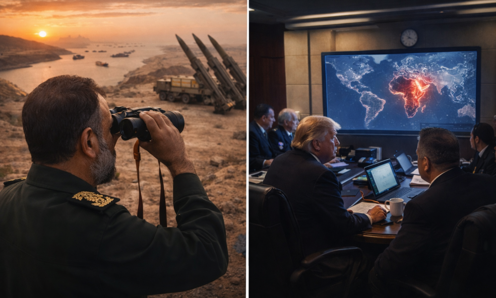 SamacharToday.co.in - हॉर्मुज पर महासंग्राम ट्रंप की चेतावनी के बाद ईरान का 'नया खाड़ी आदेश' - AI Generated Image