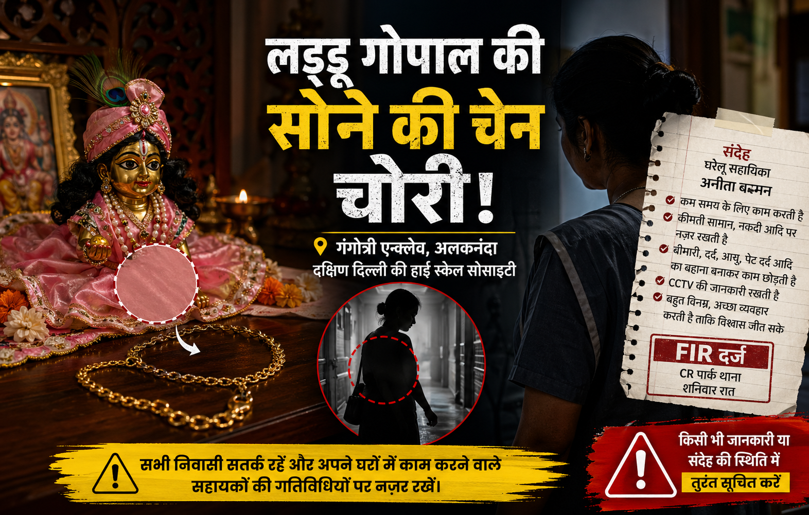 दिल्ली के सीआर पार्क में ठाकुर जी की सोने की चेन चोरी, घरेलू सहायिका पर संदेह